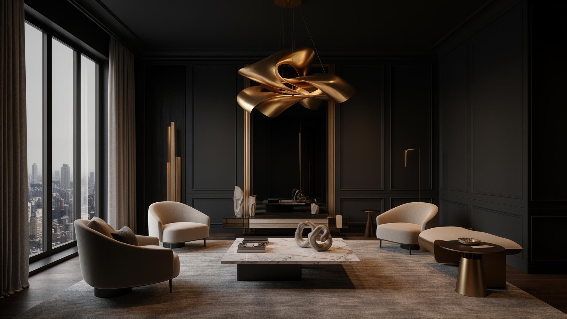 Luxury charcoal living room with sculptural gold chandelier by Alless Enterprises New Delhi